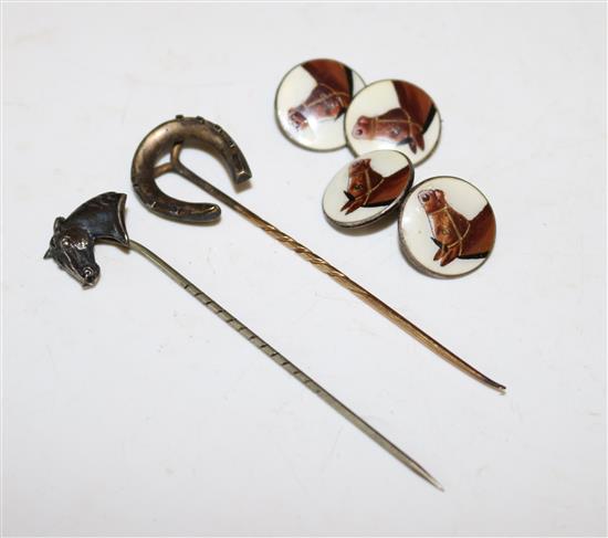 Pair of equestrian silver and enamel cufflinks and two tiepins